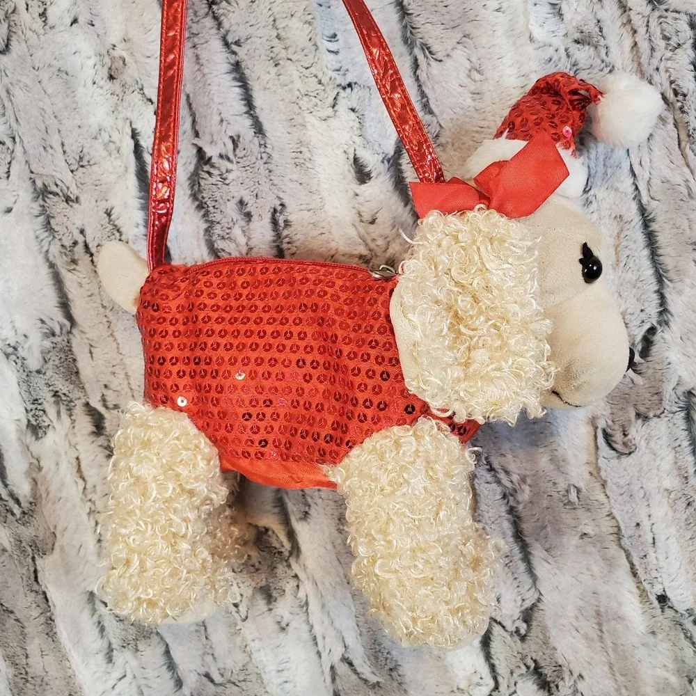 Plush Christmas Dog Purse Red Sequins Beige‎ Tan Poodle Cocker Spaniel Girls